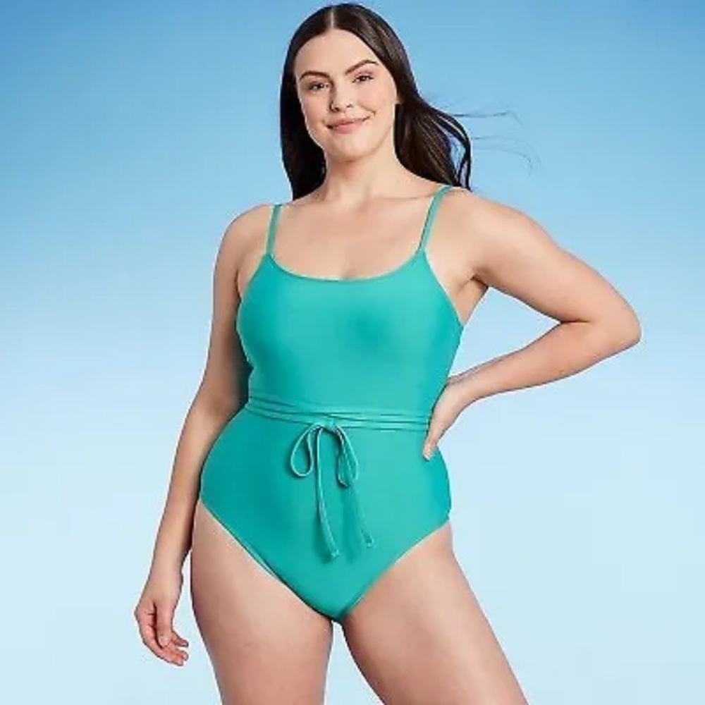 Shade & Shore Womens Medium XL 16 Lace-Up One Piece Swimsuit in Teal